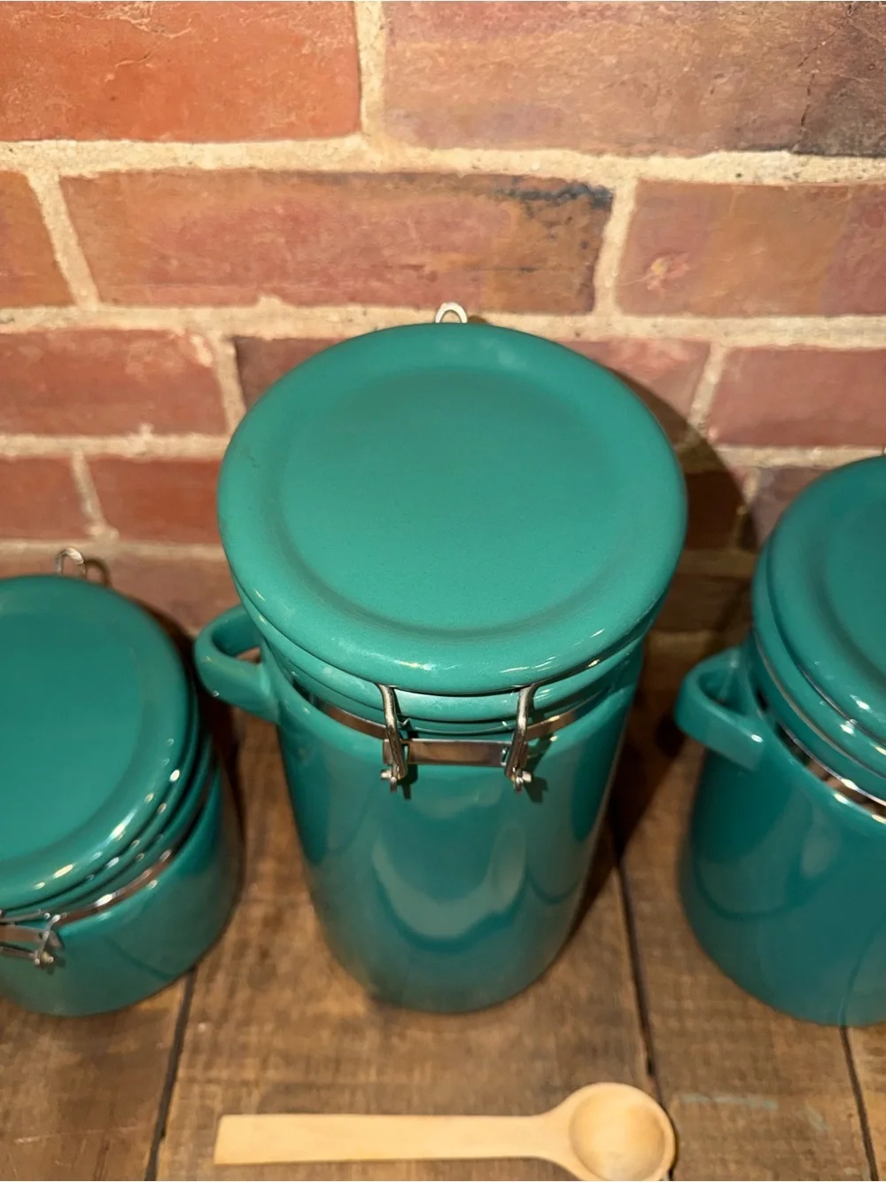 Teal Green Ceramic Airtight Canister Set with Wooden Spoons Cookware